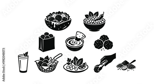 Collection of stylized falafel and middle eastern food icons with dips and spices, vector illustration