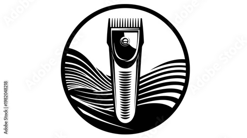 Monochrome image of hair clippers inside of a circle, abstract striped background