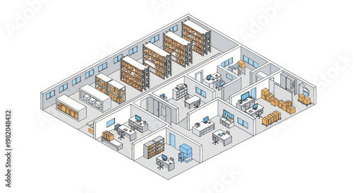 Isometric view of a modern office space with workstations and meeting rooms.