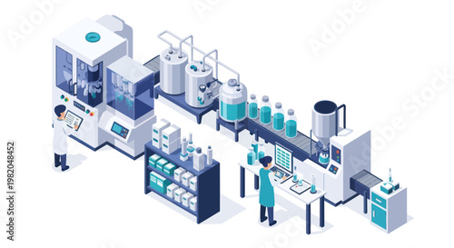 Isometric view of a modern pharmaceutical laboratory with scientists and automated production line.