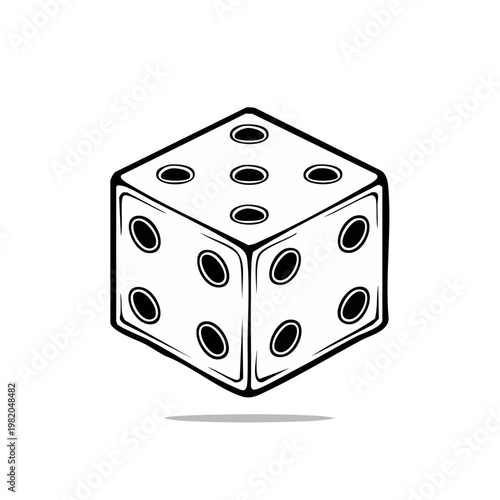 Black and White Illustration of a Six-Sided Die with a Shadow