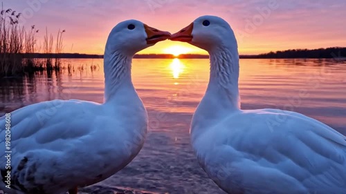 Two White Geese Touching Beaks at Romantic Sunset Lakeside