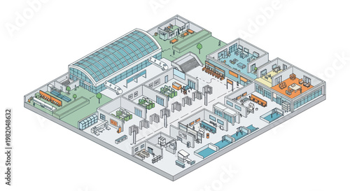 Isometric view of a modern sports complex with various facilities.