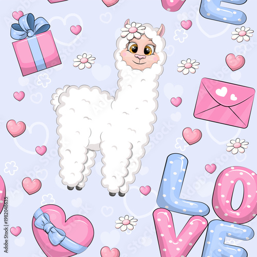 Valentine seamless pattern with cute cartoon white llama. Holiday Vector illustration on a lilac background with animal, heart, word love, gift and letter.