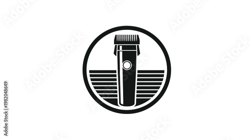Stylized hair trimmer icon, black and white, with horizontal line background, encircled