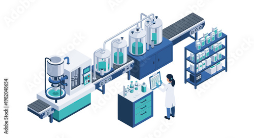 Isometric View of a Pharmaceutical Production Line with Scientist.