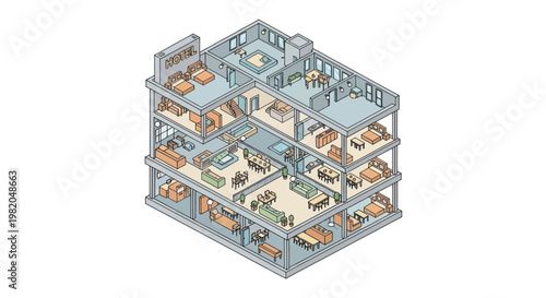 Isometric view of a multi-story building interior with various rooms and activities.