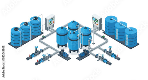 Isometric Water Treatment Plant with Blue Tanks and Pipes.