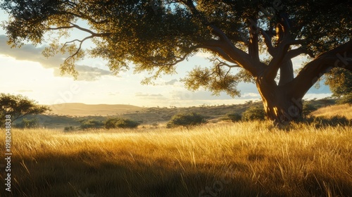 Serene Landscape with Majestic Tree and Golden Grass at Sunset