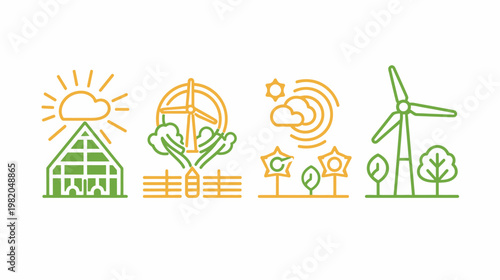 Green & yellow outlines form sustainability themed images greenhouse, windmill, plants, sun, clouds