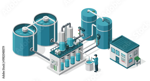 Isometric Water Treatment Plant with Worker and Storage Tanks.