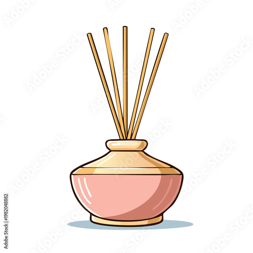 Aromatic diffuser with wooden reeds in a decorative pink and gold vase releasing fragrance