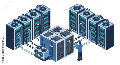 IT professional working in a server room with multiple racks and cooling units.