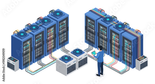 IT professional managing server racks in a data center.