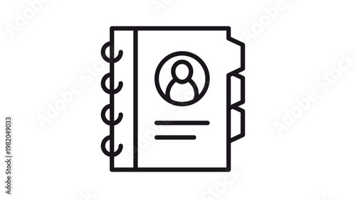 Address book vector icon illustration. Black line art symbol of a contact directory with spiral binding, index tabs, and a user profile icon on the cover. Minimalist graphic for business apps.