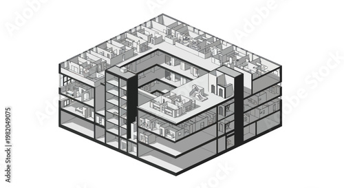 Modern Architectural Building Design with Central Courtyard Isometric View.