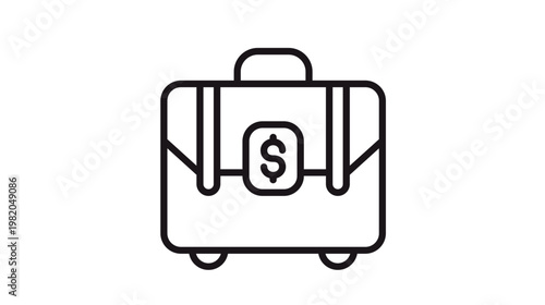 Professional business briefcase vector icon with a dollar sign on the latch, symbolizing financial success, investment, and corporate travel. Minimalist black line art illustration.