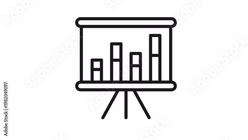 Minimalist black vector icon of a presentation board with a bar chart on a tripod stand, symbolizing business data analysis, financial statistics, growth reporting, and professional seminars.