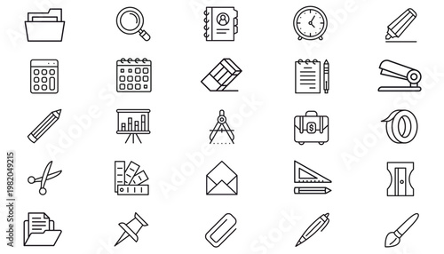 25 Minimalist Black Vector Icon Set for Office Supplies, Business, and Education. Collection of Stationery Symbols including Calculator, Calendar, Pencil, Scissors, Folder, and Graphic Design Tools