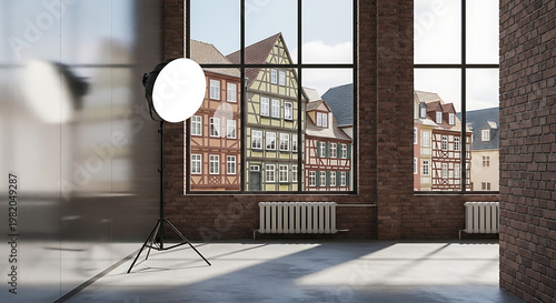 Pixelated historic European town reflected in large studio windows, showcasing an artistic digital interpretation of traditional architecture, with studio lighting equipment visible