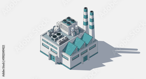 Modern Industrial Factory Building with Smokestacks and Rooftop Equipment.