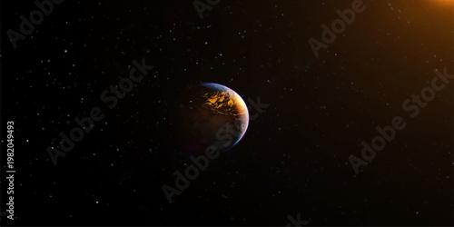 A luminous blue Earth globe and the glowing moon shine amidst a vast galaxy of stars and distant planets in the deep cosmos of the night sky universe