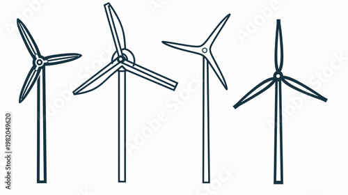 Four outlined wind turbines in navy blue against a white background, different rotor designs