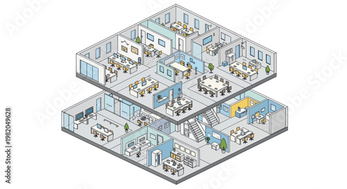 Modern Office Building Interior Isometric View Showing Multiple Floors and Rooms.
