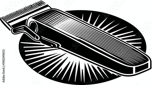 Black and white illustration of hair clippers in front of radiating lines in a circle