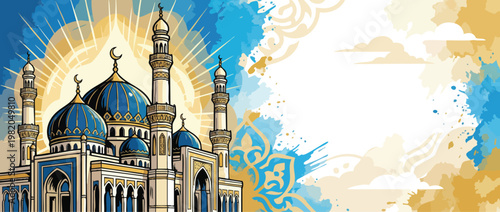 Beautiful Mosque Architecture with Domes and Minarets Elegant Sacred Light Greeting