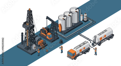 Oil drilling rig and pumping station with transport trucks.
