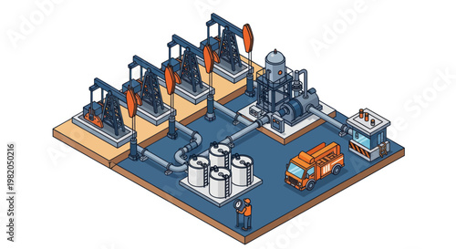 Oil extraction and processing industrial complex with pump jacks and storage tanks.
