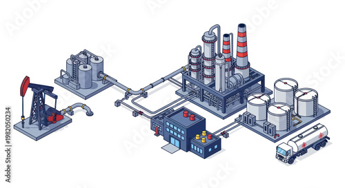 Oil extraction and refining industrial complex with pumpjack and tanker truck.
