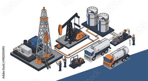 Oil Rig and Refinery Industrial Complex with Trucks and Storage Tanks.