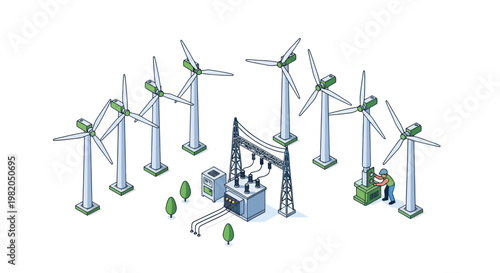 Fotografie Wind Farm with Power Substation Generating Clean Energy.