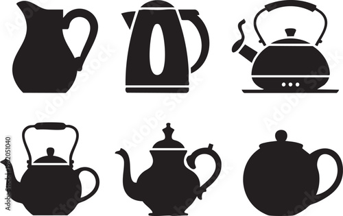 A collection of six black silhouettes depicts various teapots kettles and a creamer showcasing different styles and designs high quality professional detailed
