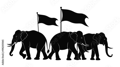 Black silhouette of elephants with flags.