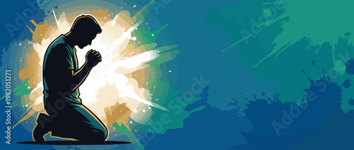 Praying Silhouette of Man with Sacred Light Background and Serene Mood