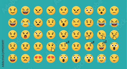 Set of Emoji Faces with Various Emotions and Expressions