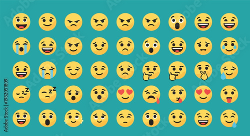 Collection of diverse yellow emoji faces with various expressions