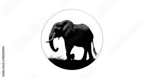 A monochrome drawing of an elephant enclosed within a circle, standing on grass