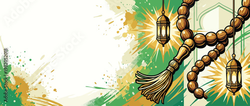 Prayer Beads and Lanterns on Abstract Green Gold Background for Religious Themes