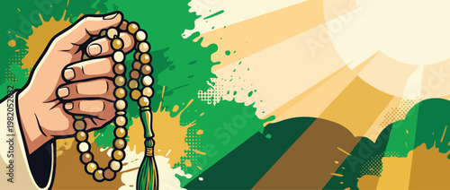 Prayer Beads Tasbih in Hand with Sacred Light for Devotional Reflection