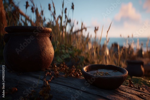 Ceramic Pot and Bowl Resting on Rustic Log at Peaceful Farmland Sunset