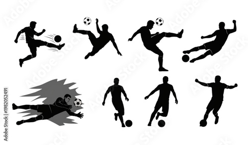 Soccer player silhouette set with bicycle kick slide tackle and goalkeeper action poses vector