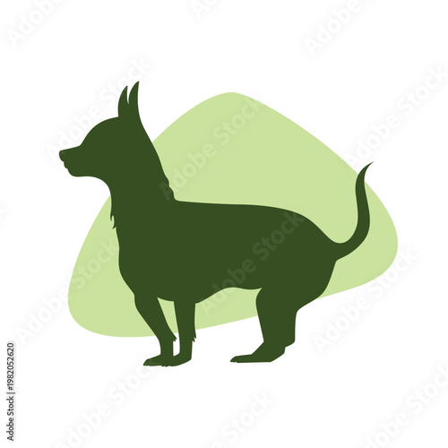A green silhouette of a dog on a light green background