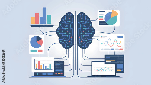 An artificial intelligence brain with circuit board patterns connected to data charts and a laptop
