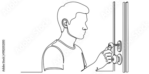 A black and white line art illustration of a young man inserting a key into a locked front door