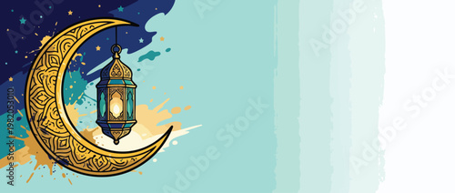 Ramadan Crescent Moon and Lantern Design for Festive Holiday Banners and Greetings