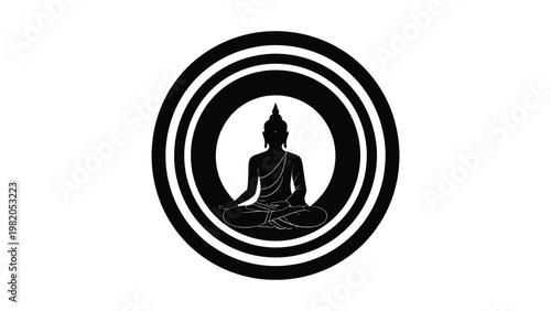 Buddha silhouette in circular meditative pose.